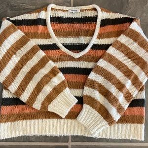 Madewell Striped V-Neck Sweater in Cream, Brown, Black & Rust